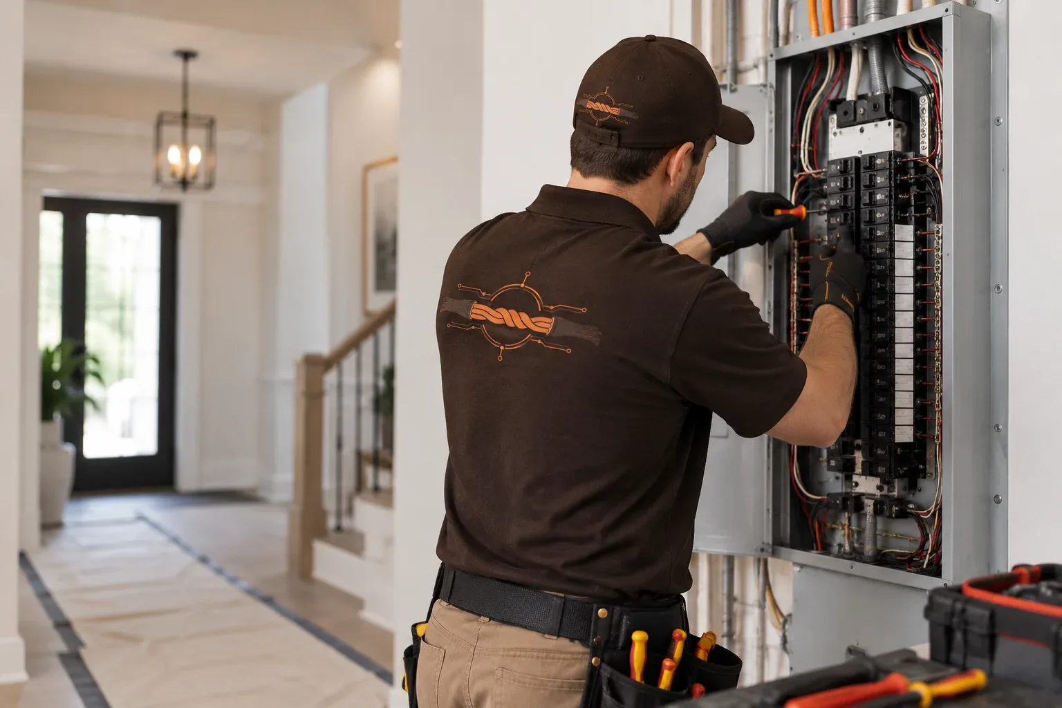 Licensed electrician Aurora working carefully inside a residential home