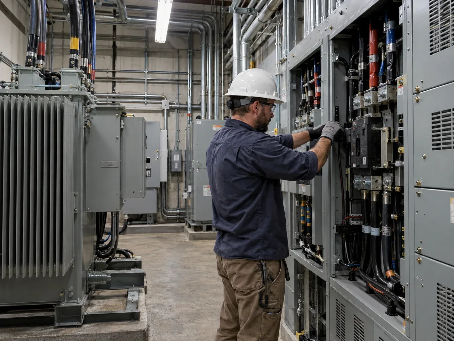 Industrial electrician Aurora working on 600V power distribution and transformer equipment